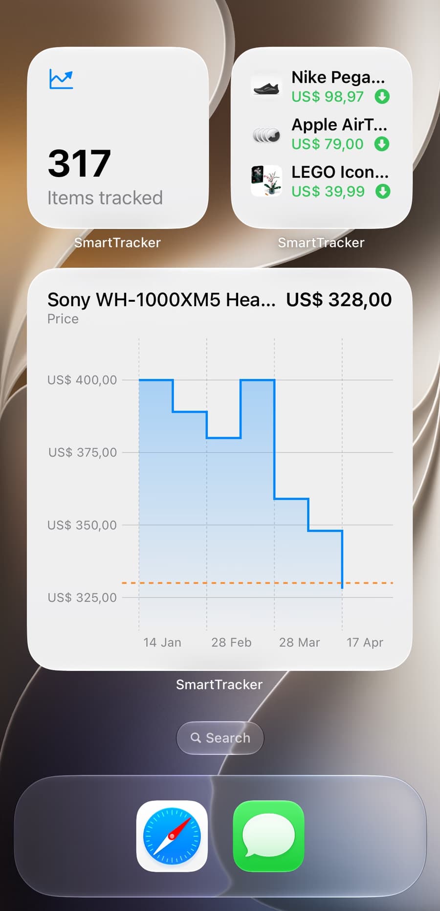 Three SmartTracker widgets on an iPhone Home Screen: a small one counting tracked items, a medium one listing watched products, and a large one charting one item’s price history.
