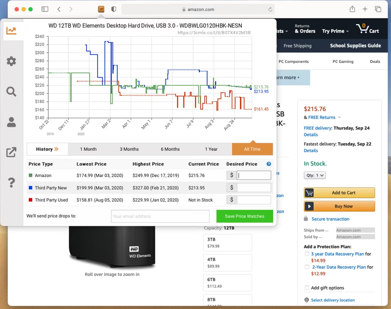 A extensão de navegador Camelizer aberta sobre uma página de produto da Amazon, mostrando um gráfico de histórico de preços, uma tabela por vendedor e um campo para o preço desejado.