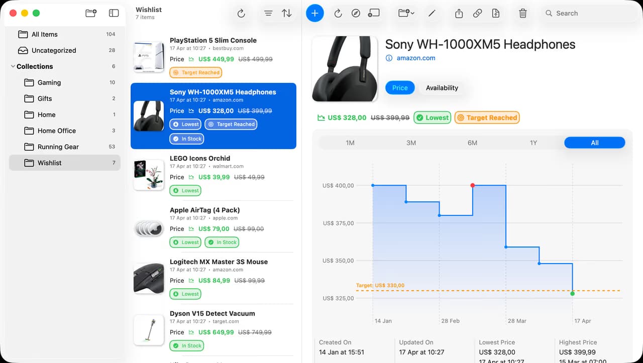 A janela do SmartTracker no Mac: a lista de coleções à esquerda, itens acompanhados de várias lojas diferentes no meio e o gráfico de histórico de um item à direita.