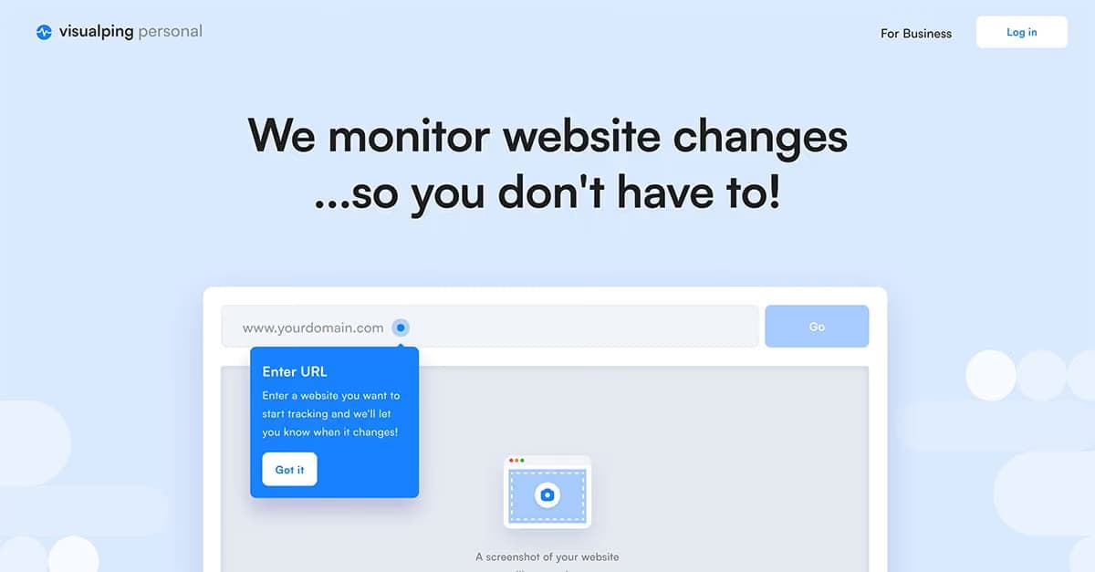 A página do próprio Visualping, com um título em inglês dizendo que eles monitoram mudanças em sites para você, acima de um campo para inserir o endereço de um site.