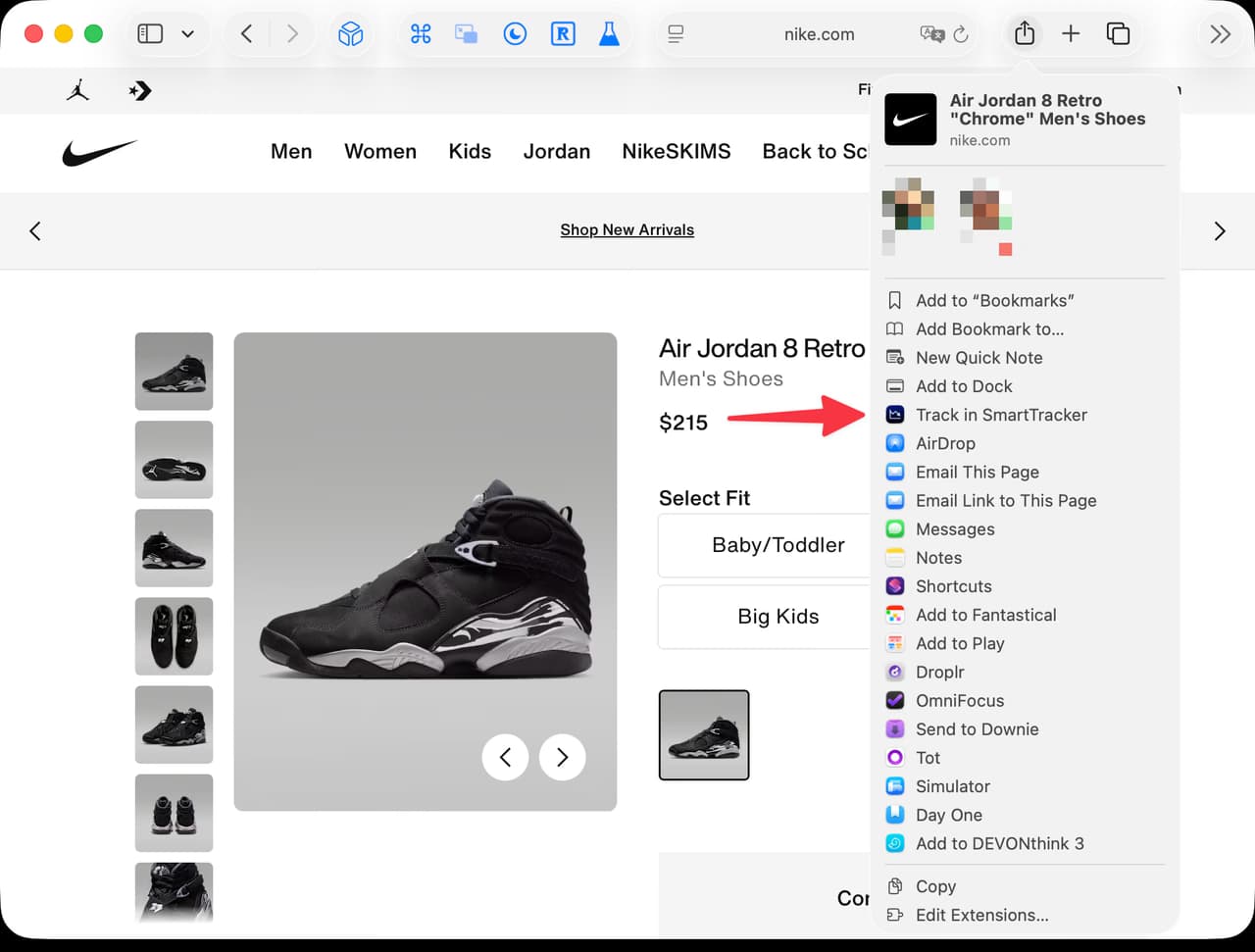 Safari on Mac with the Share menu open, and Track in SmartTracker marked in the list of actions.