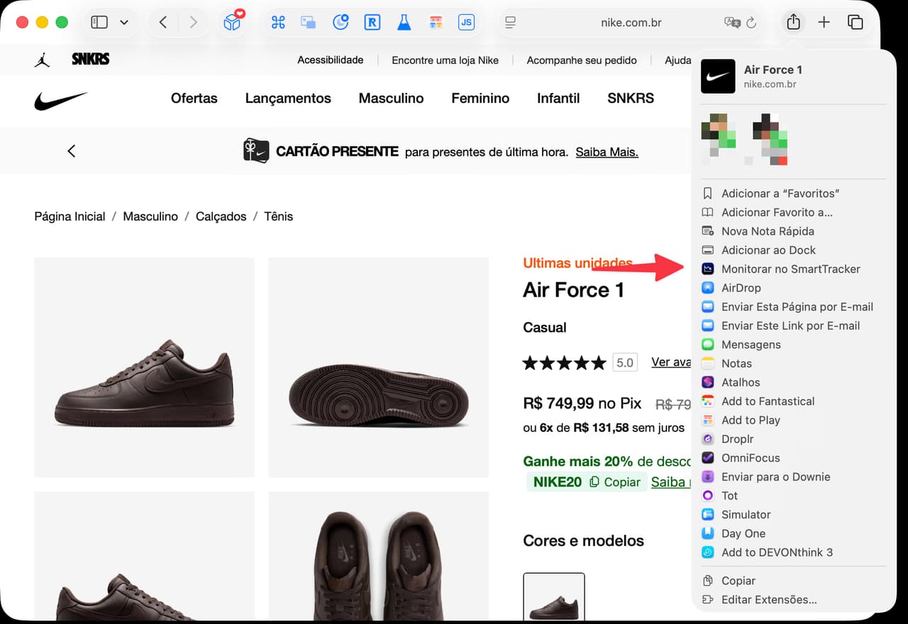 O Safari no Mac com o menu Compartilhar aberto e a opção Monitorar no SmartTracker destacada na lista.