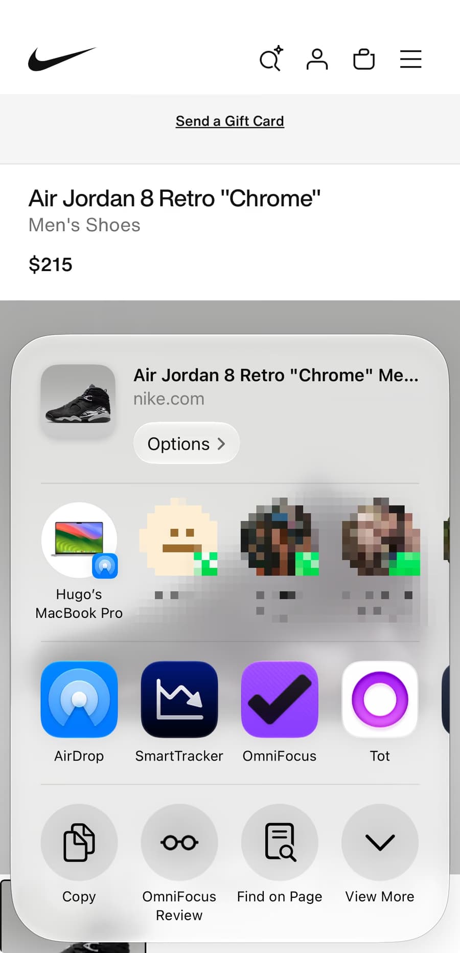 The share sheet open over a product page in Safari on iPhone, with SmartTracker in the row of apps beside AirDrop.