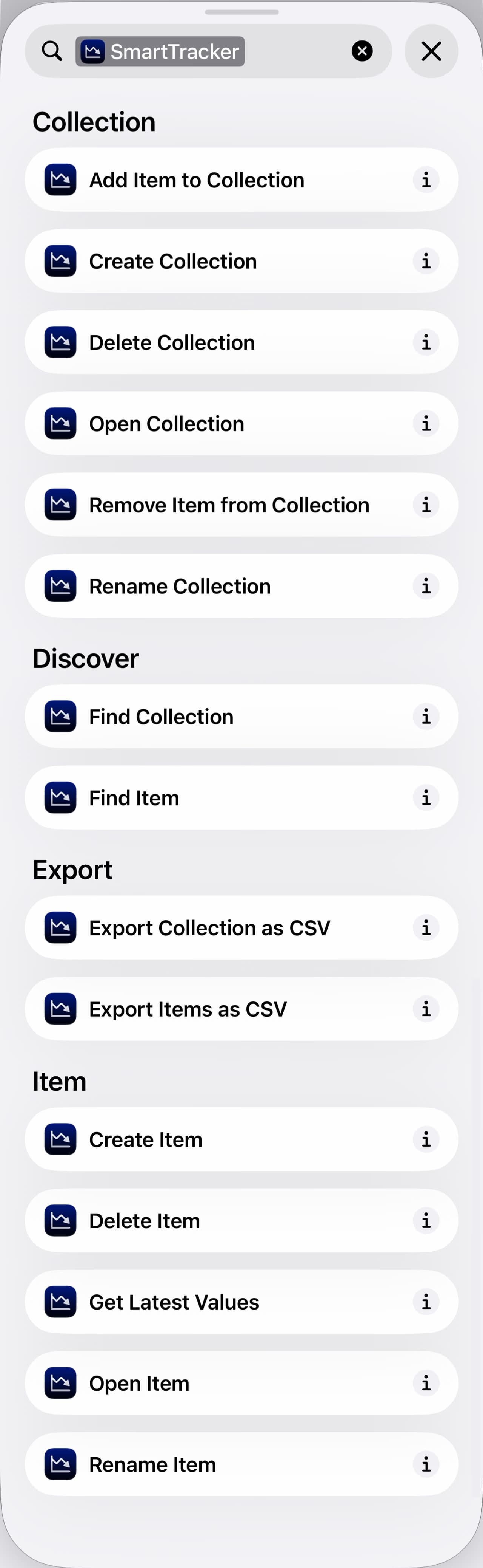 The Shortcuts action list filtered to SmartTracker, grouped under Collection, Discover, Export and Item.