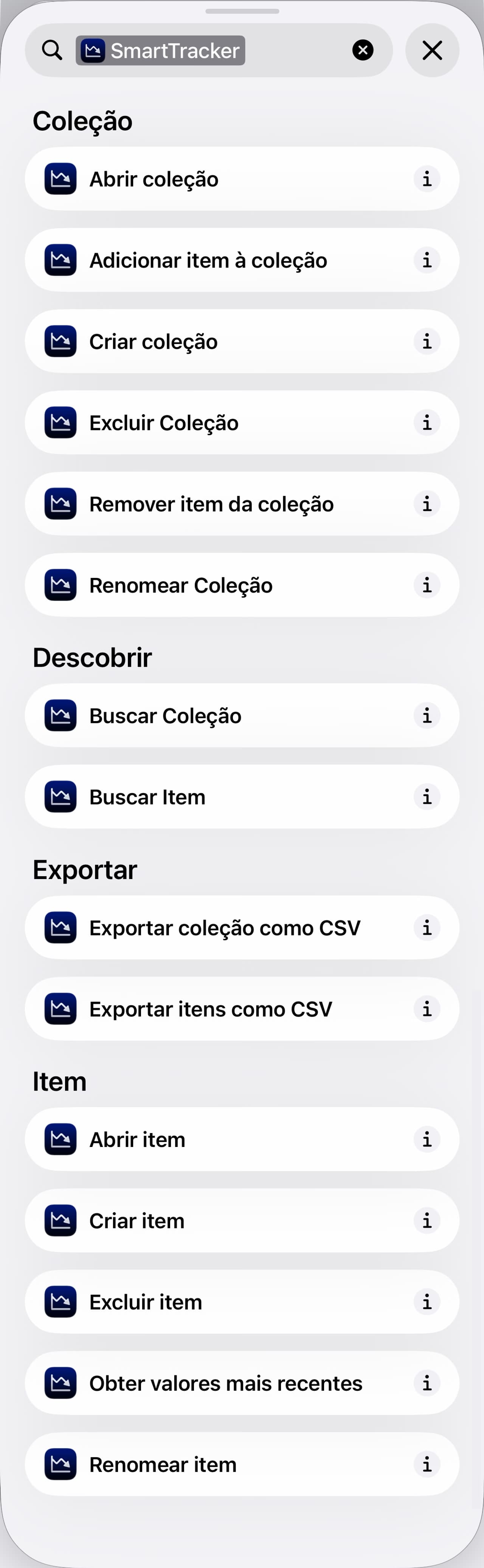 A lista de ações dos Atalhos filtrada por SmartTracker, agrupada em Coleção, Descobrir, Exportar e Item.